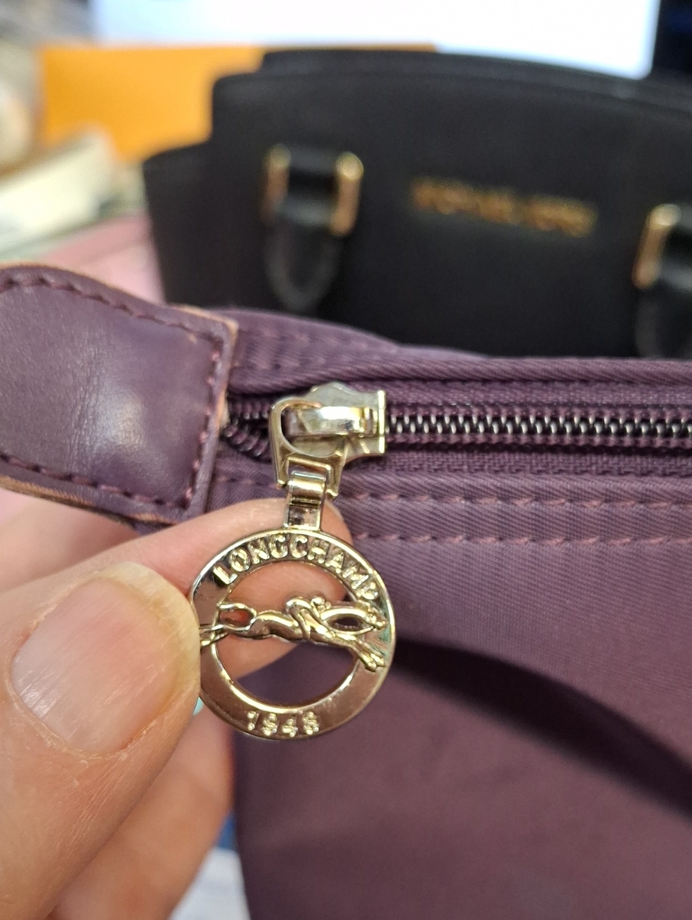 Longchamp Purple Nylon Tote with Leather Trim Preloved - Picture 10 of 16